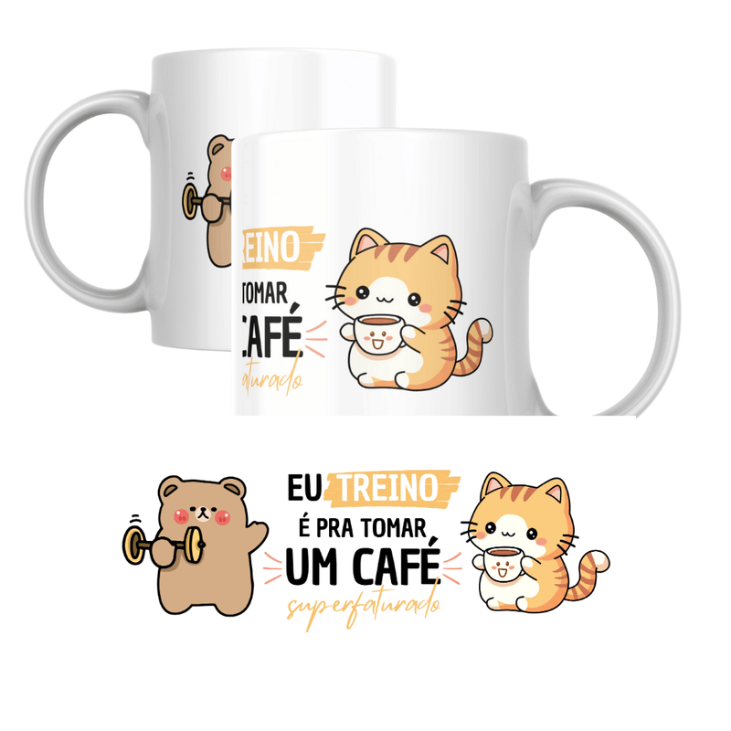 Caneca Kawaii Ursinho e Gato – Eu treino para tomar café